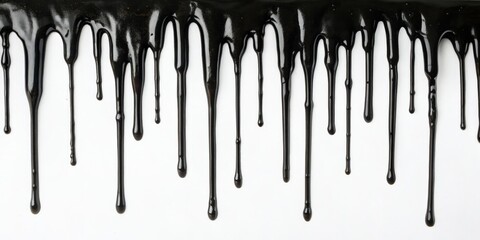 A collection of black drips on a white surface, forming a pattern that seems almost organic yet disturbingly unnatural, isolated, abandoned, gloomy, eerie, wet