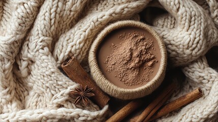Hot chocolate surrounded by cinnamon sticks, cocoa powder, and warm knitted blankets