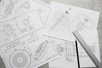 Different engineering drawings, ruler and pencil, flat lay