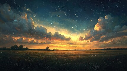 Naklejka premium Starry Sunset Over Field