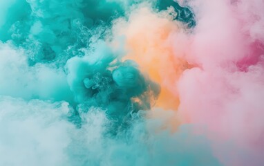 Colorful neon smoke clouds in pink, teal, and yellow, blending into artistic patterns on a white backdrop