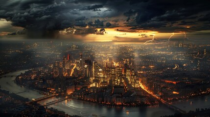 Fototapeta premium Lightning's abstract streaks light up the sky. Thunder rolls, signaling the storm's intensity.