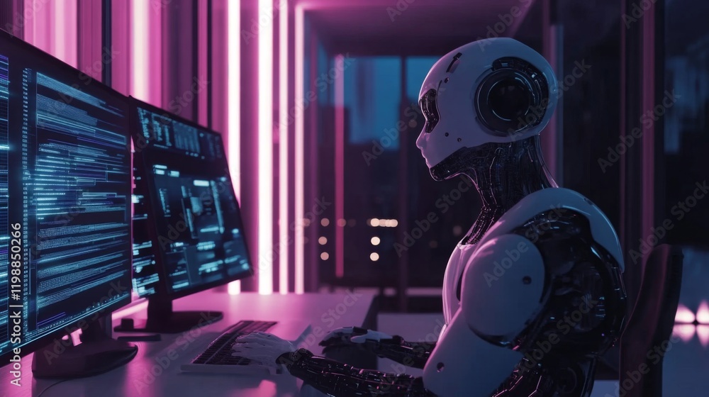 Poster futuristic robot coding in a modern office at night