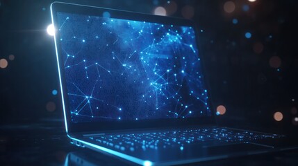 Modern laptop with abstract network graphic on screen illuminated by subtle light