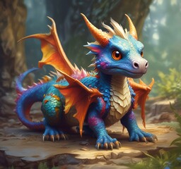Illustration of fluffy tiny dragon baby.