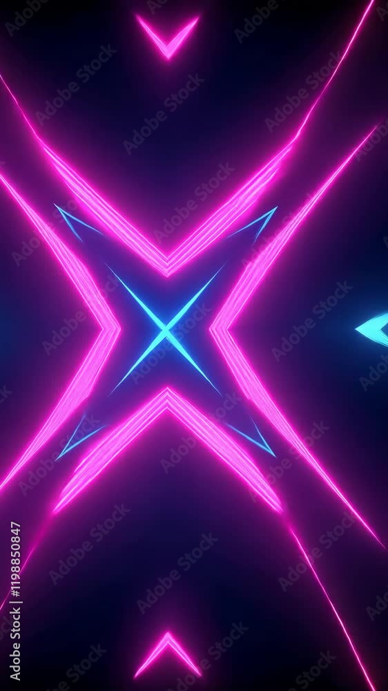 Poster dynamic neon pattern featuring intersecting lines in vibrant pink and blue hues during a nighttime d