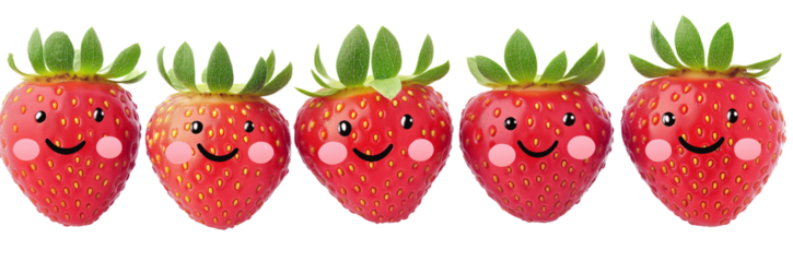 A row of strawberries with happy faces, arranged from left to right in order of small, medium, and large size, with a transparent background png