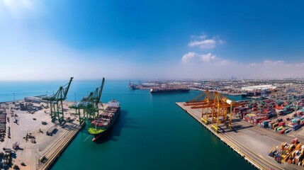 A panoramic view of a bustling shipping port with cranes loading cargo onto ships, Maritime logistics scene, Global trade style