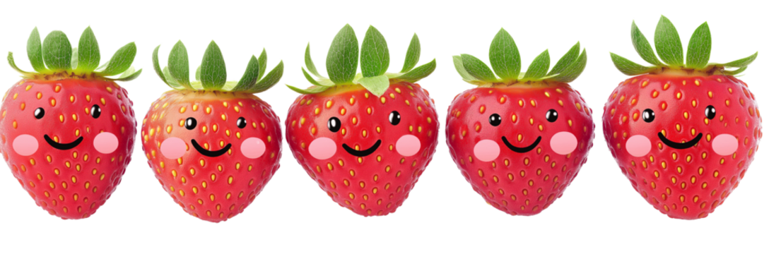 A row of strawberries with happy faces, arranged from left to right in order of small, medium, and large size, with a transparent background png