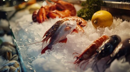 Fresh fish and shellfish on ice under bright indoor lighting showcase culinary preparation quality.