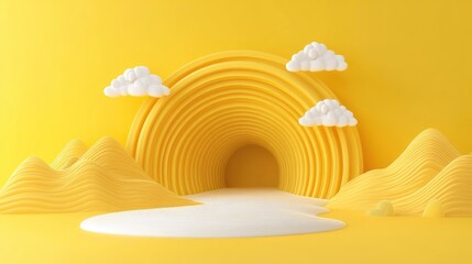 Abstract yellow landscape scene with a tunnel archway featuring soft curves mountains clouds and a podium