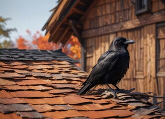 A lone black raven sits atop a wooden house with peeling shingles and rusted roof supports, old wooden beams, autumn leaves, natural surroundings