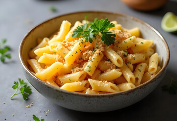 Delicious bowl of cheesy pasta topped with herbs and breadcrumbs, perfect for comforting meal