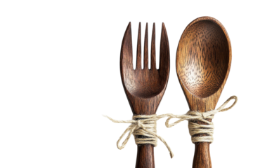Wooden fork and spoon tied together with twine on a plain background showcasing rustic dining utensils