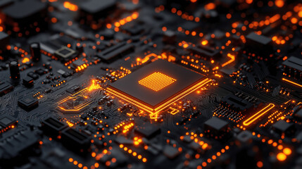 A orange digital chip circuit board, glowing AI chip on board on of advanced technology design. Created with Generative AI.