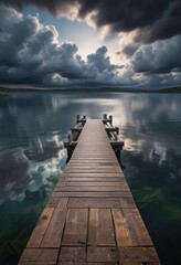 Naklejka premium A long wooden dock stretches out into a serene lake with dark clouds hovering above it, creating a sense of mystery, mysterious, dark clouds