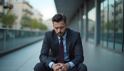 stressed businessman in suit sits alone, reflecting on challenges. His serious expression conveys deep thought and concern