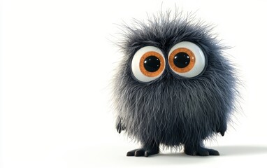 Fototapeta premium Cute little monster with big eyes and a fluffy body, standing on a clean white background
