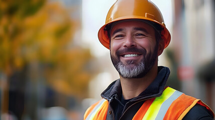 A construction worker wearing a hard hat and safety vest smiles confidently in an outdoor setting, showcasing pride in his profession