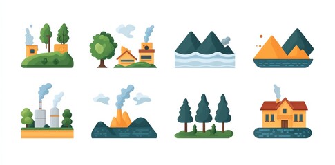Flat icons depicting various landscapes, including factories, volcanoes, mountains, forests, and houses, showcasing different environmental scenes.