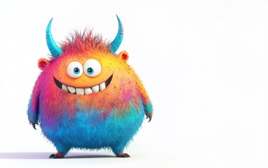 Friendly colorful monster with small horns and a big smile, isolated on a white surface