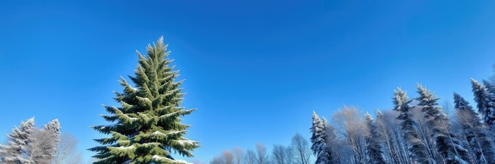 A majestic fir tree stands alone under a vast expanse of clear blue sky and snow-covered branches, frosty tree tops, icy foliage, clear winter sky