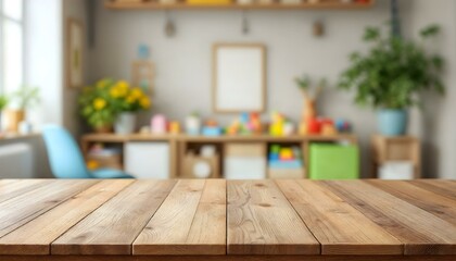 An empty table in a classroom, surrounded by wooden chairs and toys, symbolizing a mockup concept for preschool and kindergarten