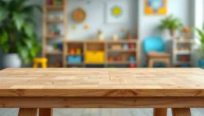 A classroom environment featuring a table with wooden chairs and toys, perfect for mockup presentations focused on preschool and kindergarten