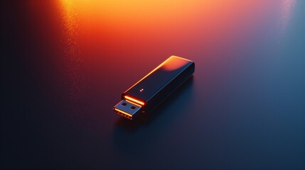 A minimalist shot of a single USB stick on a reflective surface, with ambient lighting casting subtle reflections, in ultra-high definition.