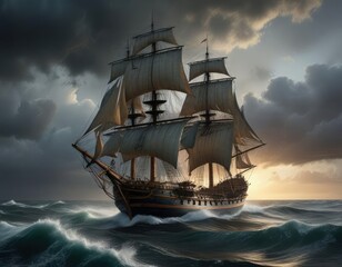 Fototapeta premium A majestic tall ship cuts through the choppy waters of a rough sea with a dark and turbulent sky above it, horizon, tall ship, vessel
