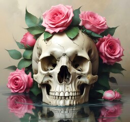 Illustration of human skull with roses.