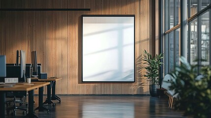  A mockup of an empty whiteboard in the center, standing on a wall inside a modern office with wood paneling and glass windows.