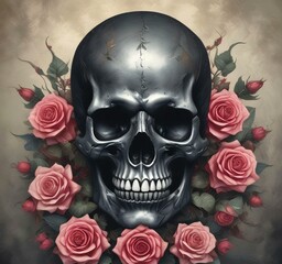 Illustration of human skull with roses.