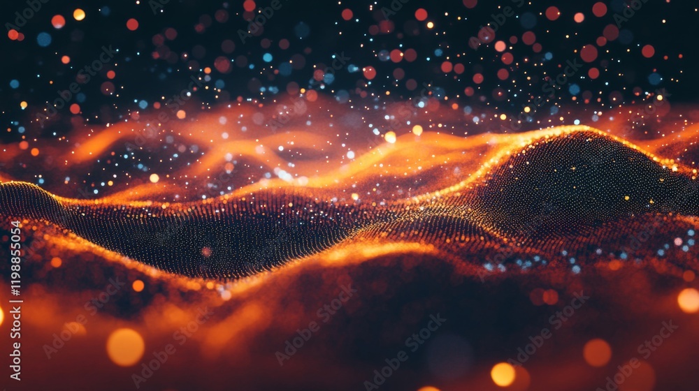 Poster abstract particle wave background with orange and red glow