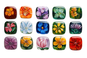 Colorful hand-painted floral stones displayed in a creative arrangement showcasing artistic craftsmanship and vibrant designs