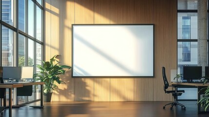  A mockup of an empty whiteboard in the center, standing on a wall inside a modern office with wood paneling and glass windows.