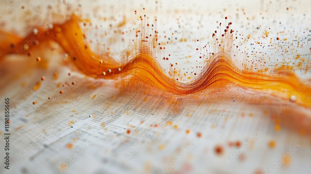 Poster abstract orange data visualization with particle wave flow