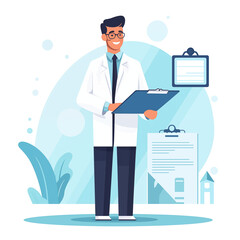 Healthcare Professional Holding Clipboard and Stethoscope in Medical Setting, Digital Illustration for Website Background