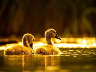 Golden Hour Goslings: A Serene Sunset Reflection