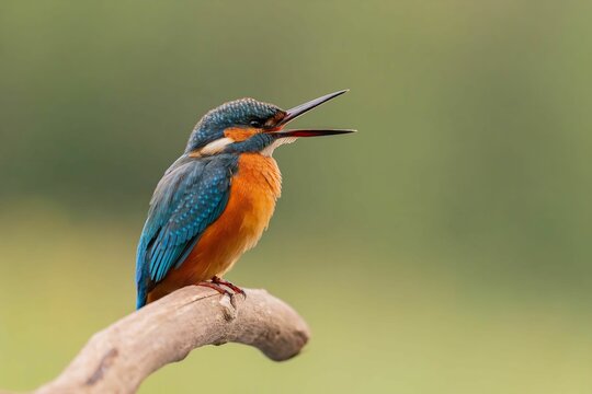 Vibrant Kingfisher Perched on Branch, Open Beak Display