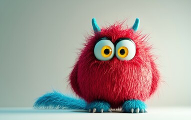 Fototapeta premium Fluffy monster with a vibrant red body, blue tail, and oversized yellow eyes, isolated on a bright white surface