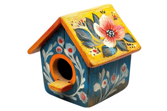 Decorative birdhouse with vibrant floral design and colorful roof displayed for outdoor use in a garden setting