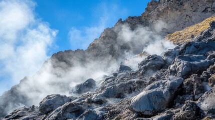Volcanic Steam Rising on Mountainside