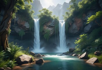 Fototapeta premium A peaceful and serene waterfall nestled in the heart of a lush forest with towering mountain peaks, trees, nature, landscape