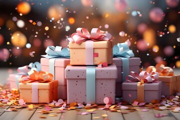 Obraz premium A 3D render of gift boxes with ribbons and bows placed on a white podium surrounded by colorful confetti, perfect for a birthday, Valentinea??s, or holiday celebration, captured in high-definition, in