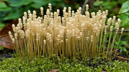 A Cluster of Delicate Cream-Colored Mushrooms Emerging from Lush Green Moss in a Forest Setting