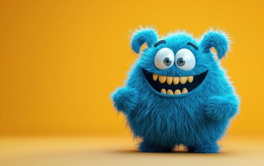 Fototapeta premium Playful blue fuzzy monster with floppy ears and a wide grin, 3D character design, on a minimal gradient background