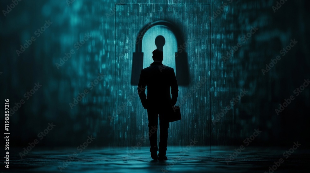 Poster silhouette of a man walking towards a digital lock gateway