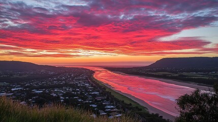 Stunning Crimson Sunrise over Coastal Town and River