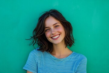 Fototapeta premium Smiling young tatooed woman in casual blue striped shirt posing joyfully against vibrant blue background
